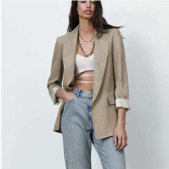 NEW NWT Zara linen blend printed cuff blazer - Size XS - Picture 1 of 11